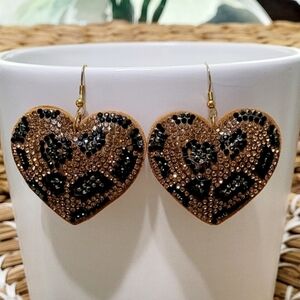 Rhinestone And Leather Leopard Print Puffy Heart Earrings New